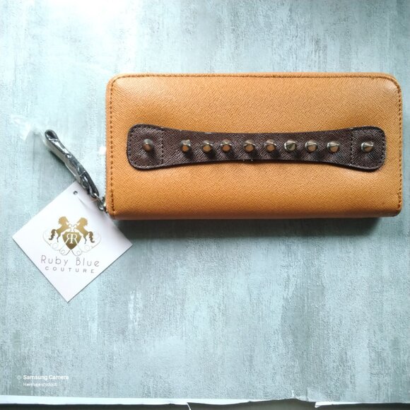 Vegan Ruby Blue Couture Autumn Colors Silver Studded Boho Zip-Around Wallet NWT - Picture 6 of 6